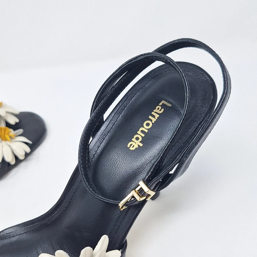 LARROUDÉ Fiore Daisy Appliqués Ankle Strap Sandals Stilletto Heel